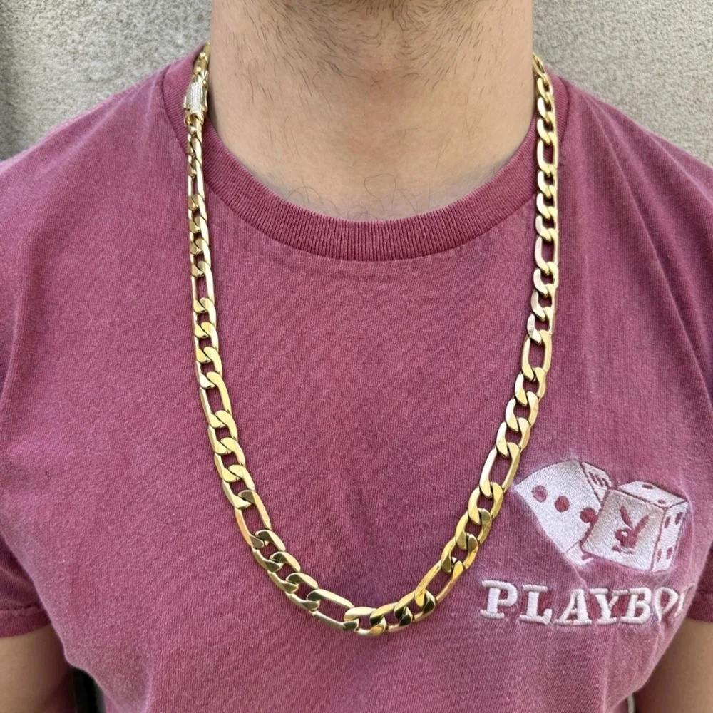 14k Gold Plated Steel 12mm Figaro Chain W. Iced CZ Clasp 30” Chain